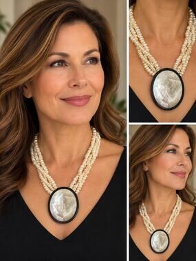 Multi Strand Cream Beaded Necklace Oversized Iridescent Mosaic Pendant